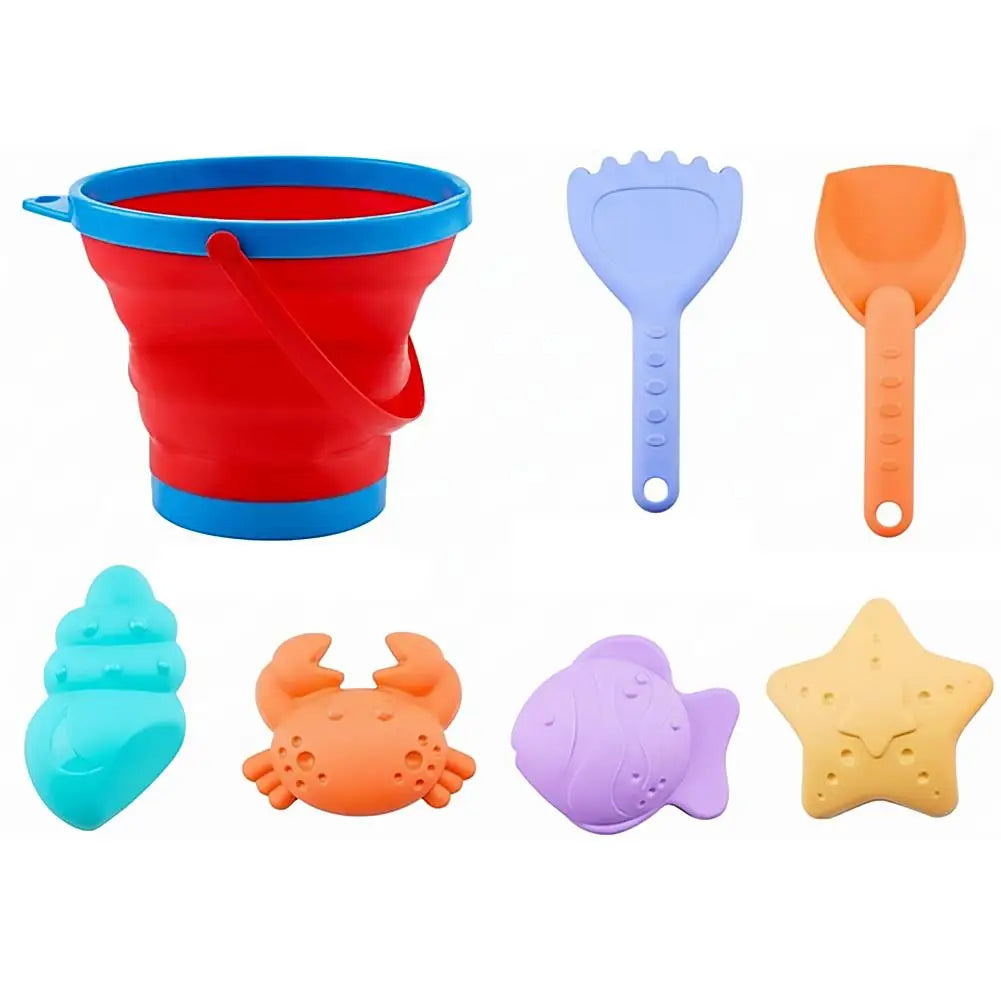 Foldable Beach Sand Toys Set Collapsible Bucket with Shovel & Molds for Sand, Snow & Water Play Portable Beach Toys for Toddlers
