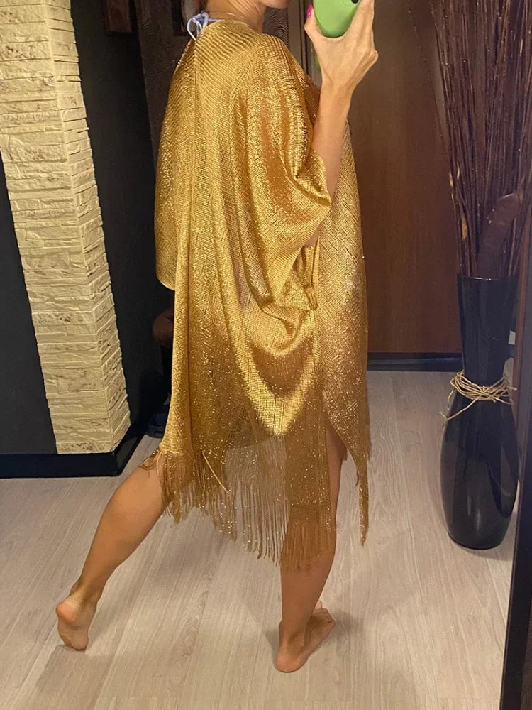 Sexy Fringe Tassel Sheer Knitted Beach Cover Up Dress Shiny Mesh Tunic for Women Swimwear Mesh Cover Lightweight Beach Dress