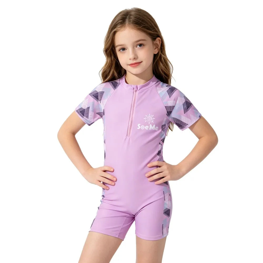 Girls Pink Sporty Striped One Piece Swimwear Summer Short Sleeve Zipper Rash Guard Kids Quick Dry Bathing Suit for Beach