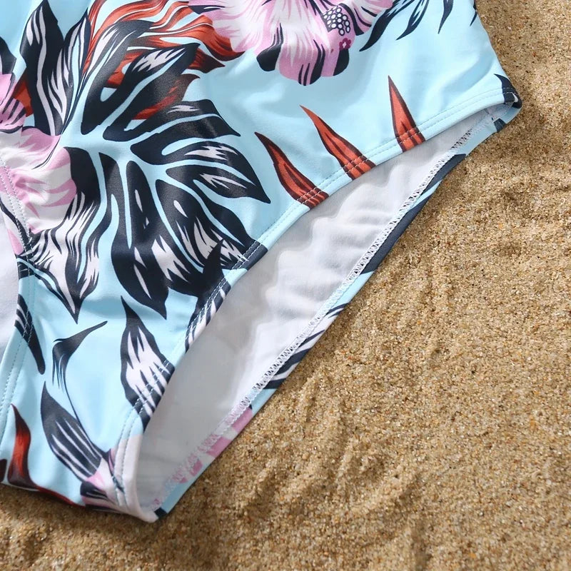 2024 New Mom Daughter Swimwear Floral Pattern Ruffle One-Piece Swimsuit Dad Son Swim Shorts Family Matching Outfits Beach Wear