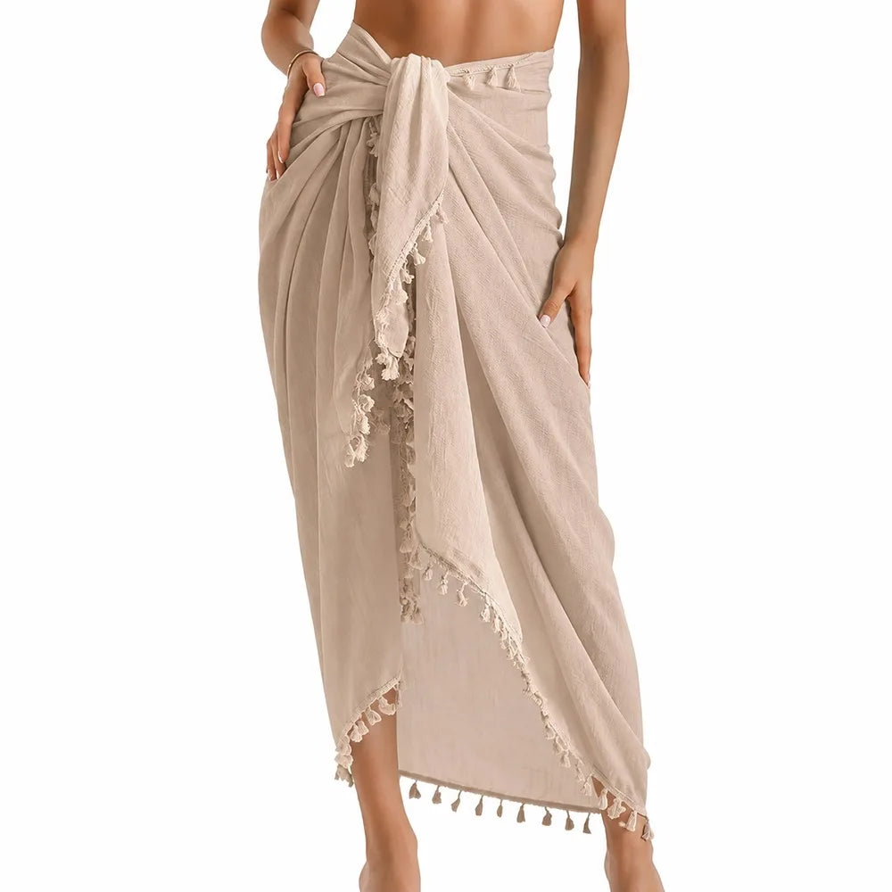Solid Color Beach Wrap Skirt Sheer Design Quick Drying Sarong Beach Towel Knot Side Tassel Trim Bikini Cover Up