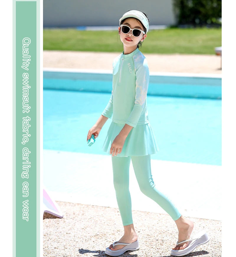 Two Piece Long Sleeve Girls Swimwear With Skirt Burkini Swimsuit Kids Children Modest Swimming Suit Sun Protection Beachwear