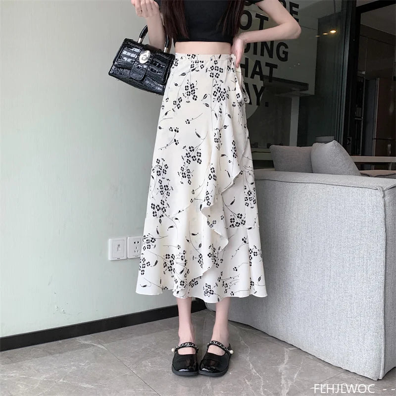 Wrap Up Chic Korea Clothes Women Cute Girls Floral Robe Holiday Beach Date High Waist Retro Vintage One-Piece Lace-Up Skirts