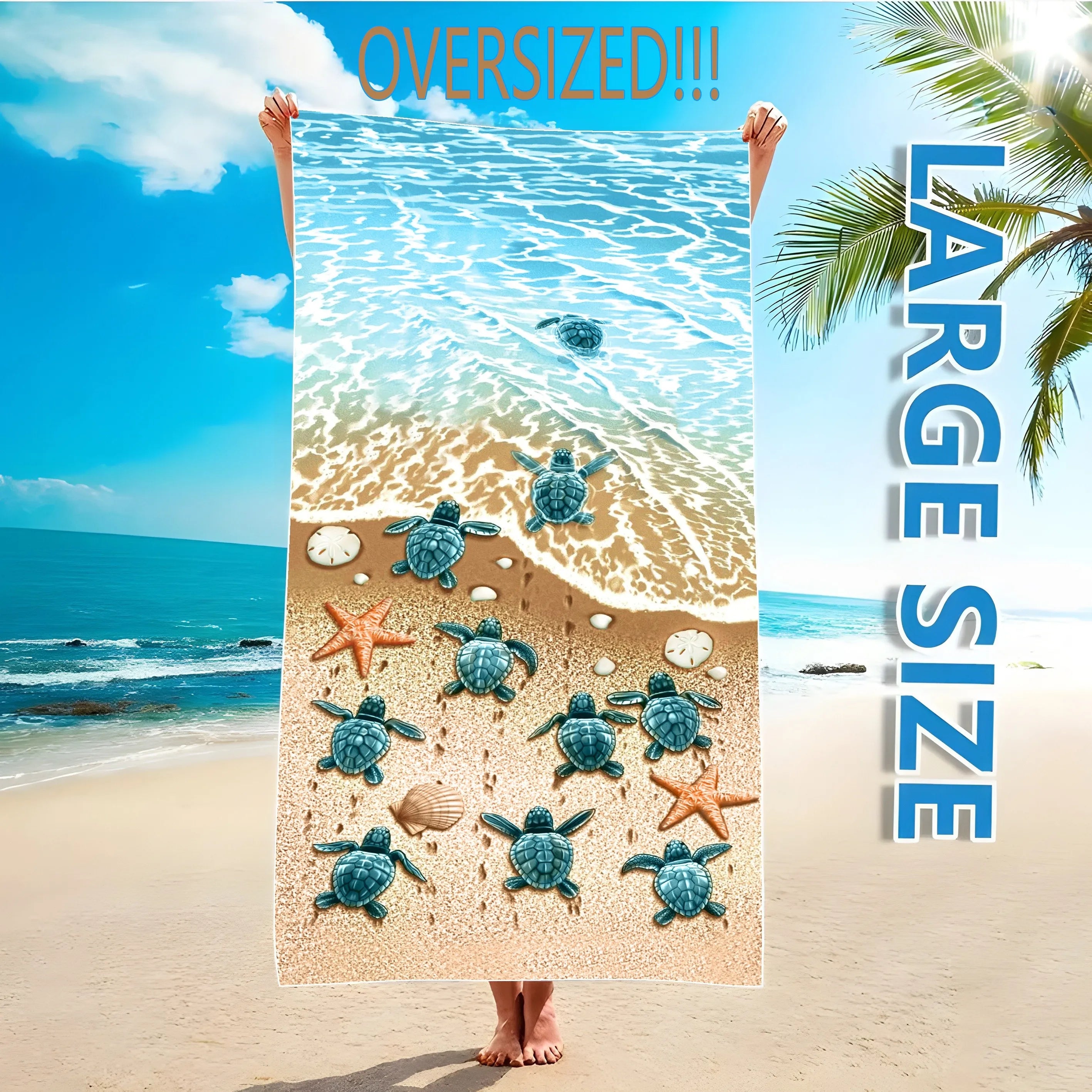 1pc, Oversized Microfiber Beach Towel with Cute Sea Stars and Turtles Graphic Pattern - Lightweight and Modern