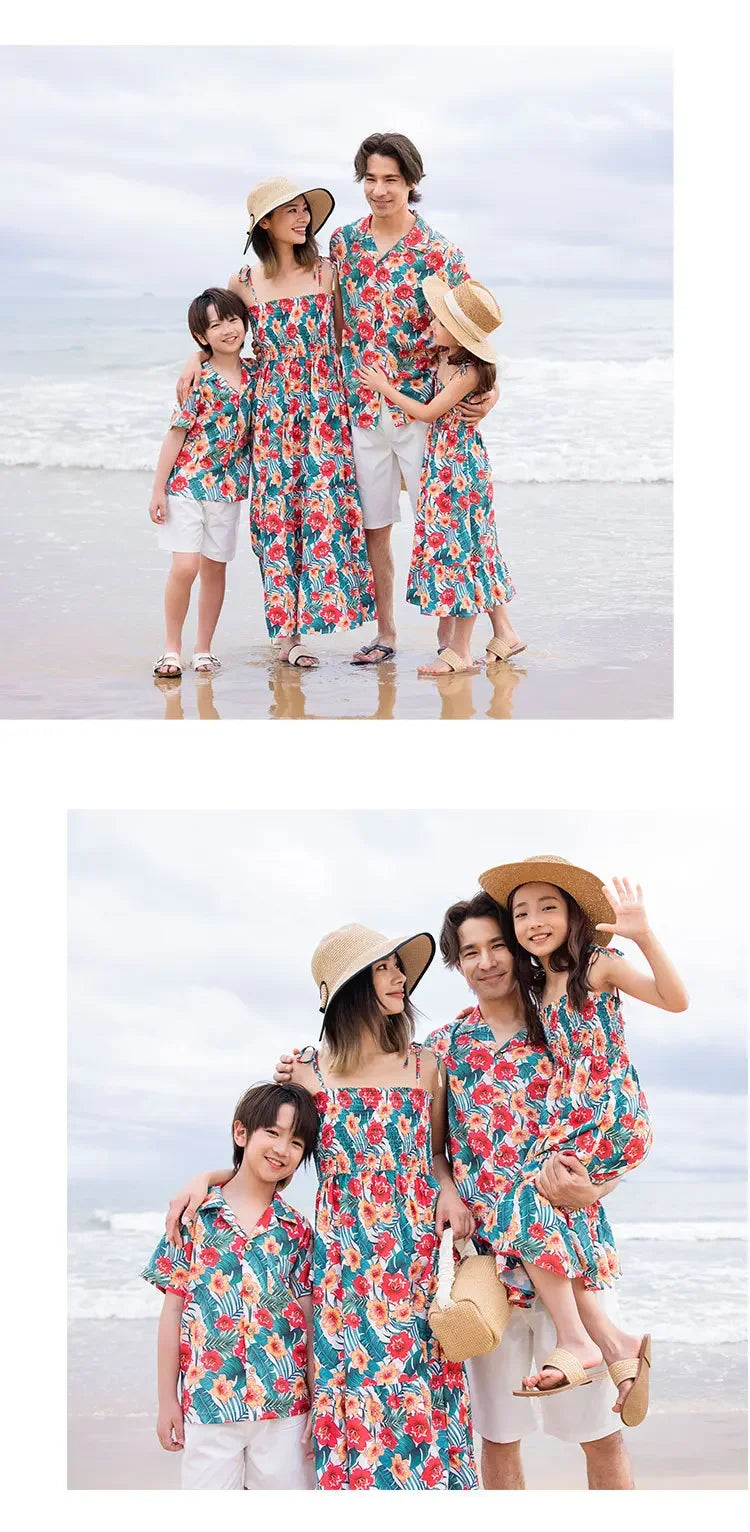 Family Holiday Clothes Dad and Son Boy Beach Shirts Two Piece Sets Vacation 2023 Mom and Baby Girl Floral Smock Dress Sleeveless