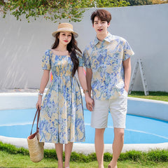 Vacation Couple Family Matching Outfit Dad Son Beach Shirts Mom Daughter Smock Dress Korean Parent-child Sister Brother Clothes