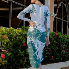 Summer New Beach Vacation 2 Piece Casual Pattern Printed Swimsuits Suits Fashion Slim Long Sleeve Bodysuit + Half Skirts Outfits