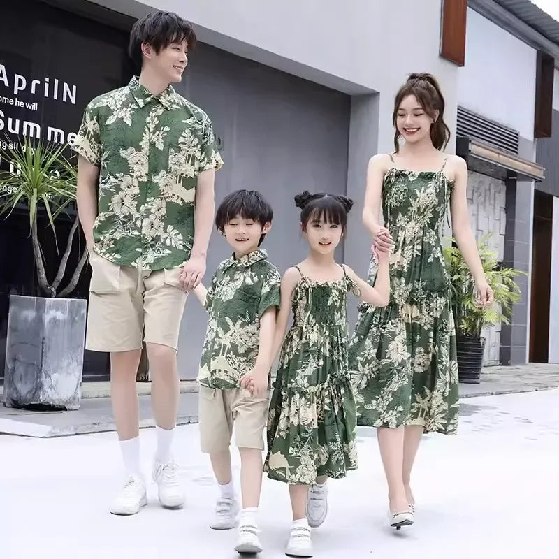 Holiday Family Matching Beach Clothes Couple Vacation Look Mom  Dress Resort Dad Son Print Shirts Outfits Daughter Smock Green
