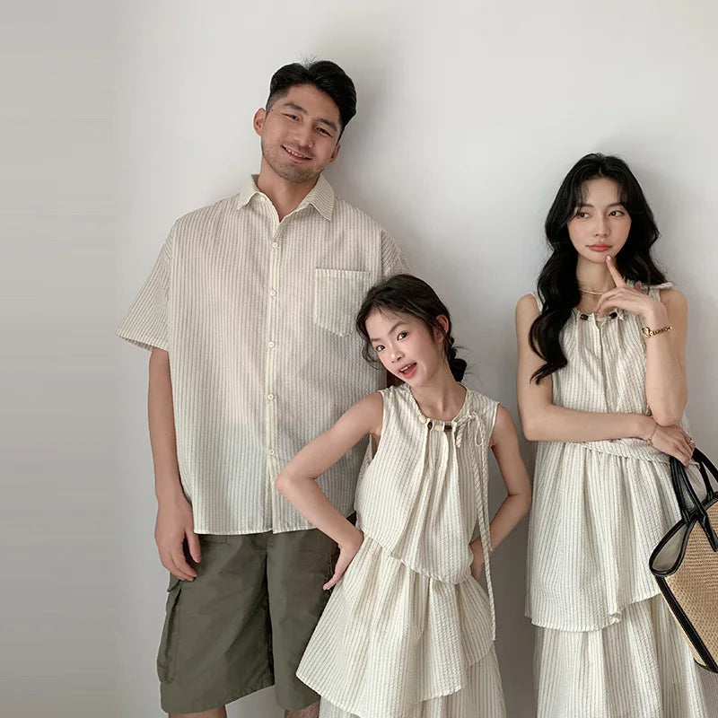 French Style Parent-child Matching Outfits Holiday Family Look Striped Button Shirt Ruffles Dress Cotton Soft Clothing Set Beach