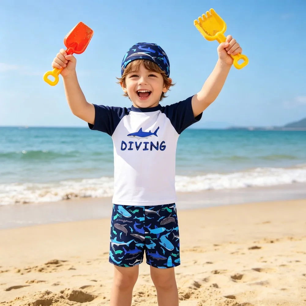 Kids Swimming Suits Children Swimsuit Boys Swimwear Set Cartoon Beachwear Surf Bathing Outfits for 4 5 6 7 8 9 10 11 12 13 Years