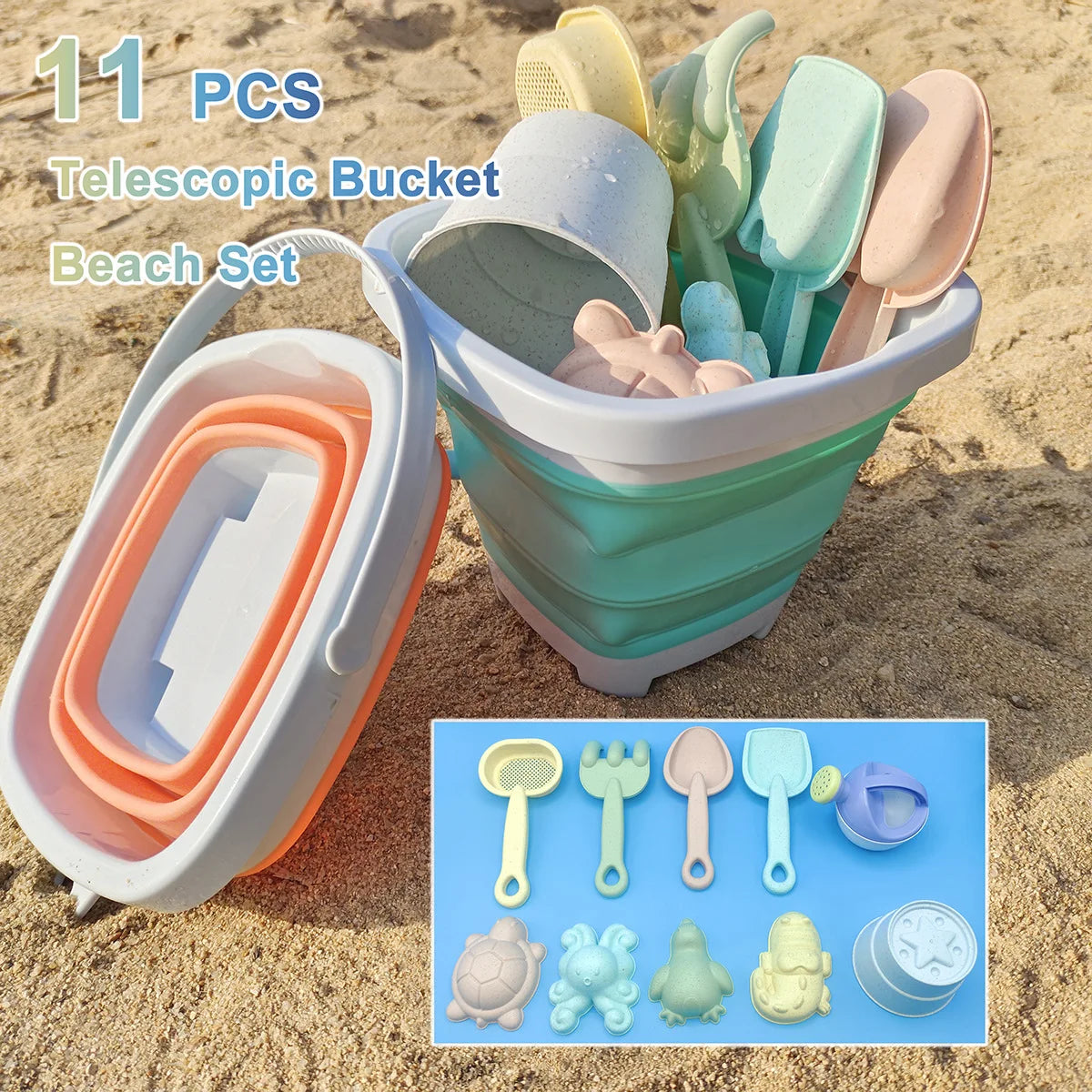 11PCS Beach Castle Bucket Sand Play Water Set Folding Bucket Summer Toys for Children Outdoor Travel Game Sandbox Accessories