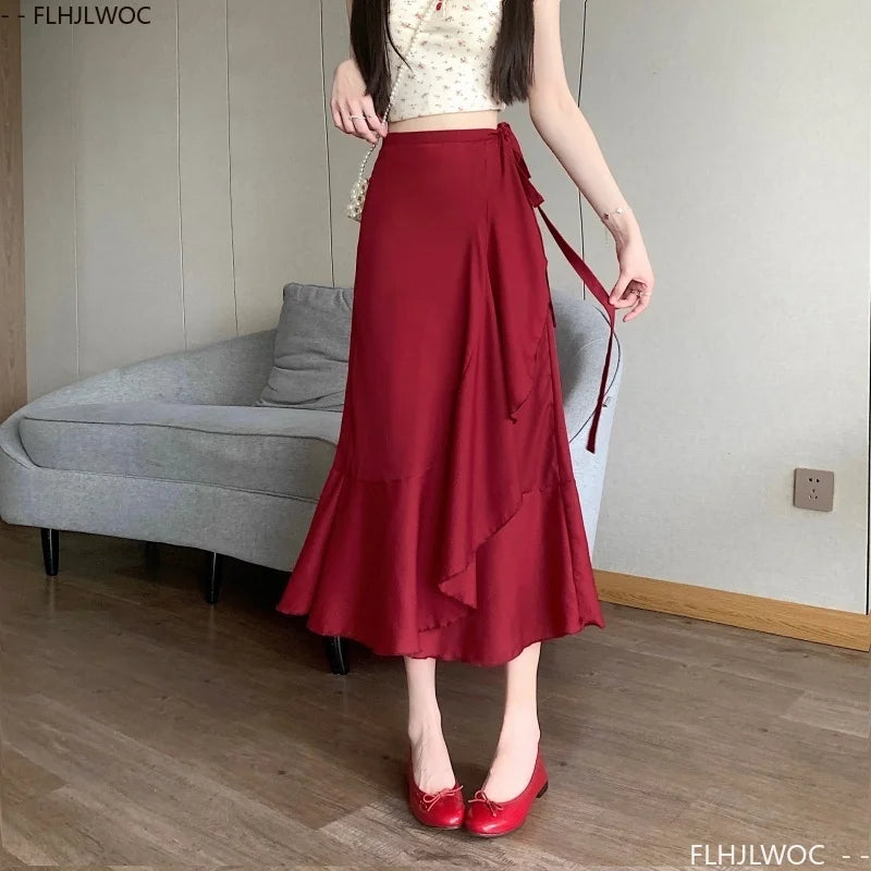 Wrap Up Chic Korea Clothes Women Cute Girls Floral Robe Holiday Beach Date High Waist Retro Vintage One-Piece Lace-Up Skirts
