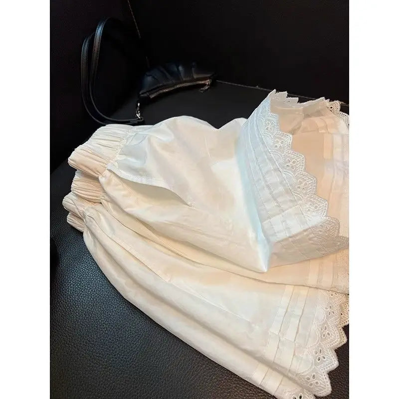 White Lace Trim Patchwork Casual Shorts for Women's High Waisted Wide Leg Vacation Beach Pants Loose Thin Bottoms Home Shorts