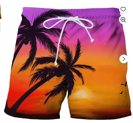 Adult and Children's Hawaiian-style Palm Tree Shorts, Dopamine Color-block 3D Print with Retro Gradient Sunset