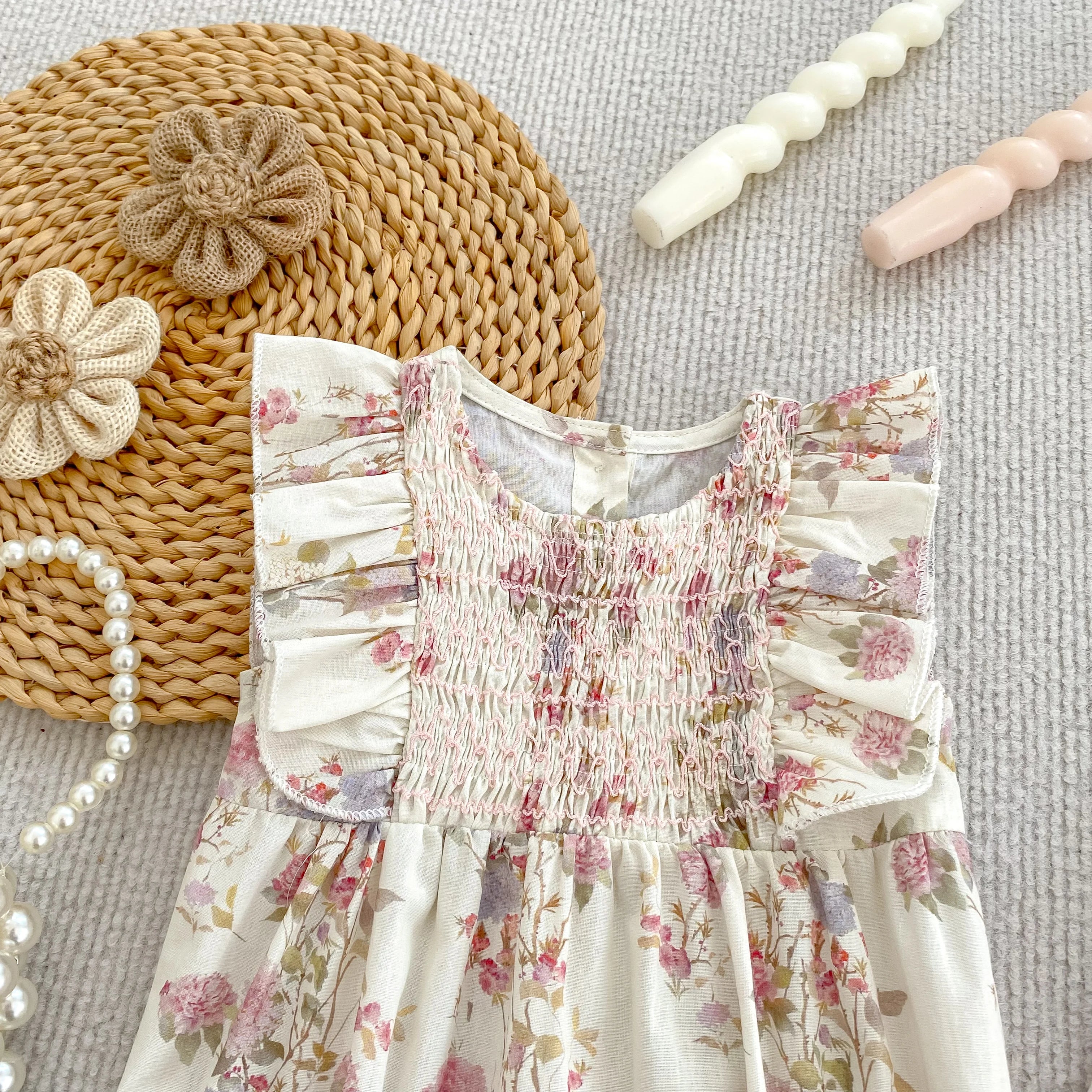 Girls Pink Floral Dress Ruffle Baby Romper Dress Summer Kids Short Sleeve Beach Dresses Toddler Bodysuit Sister Family Clothes