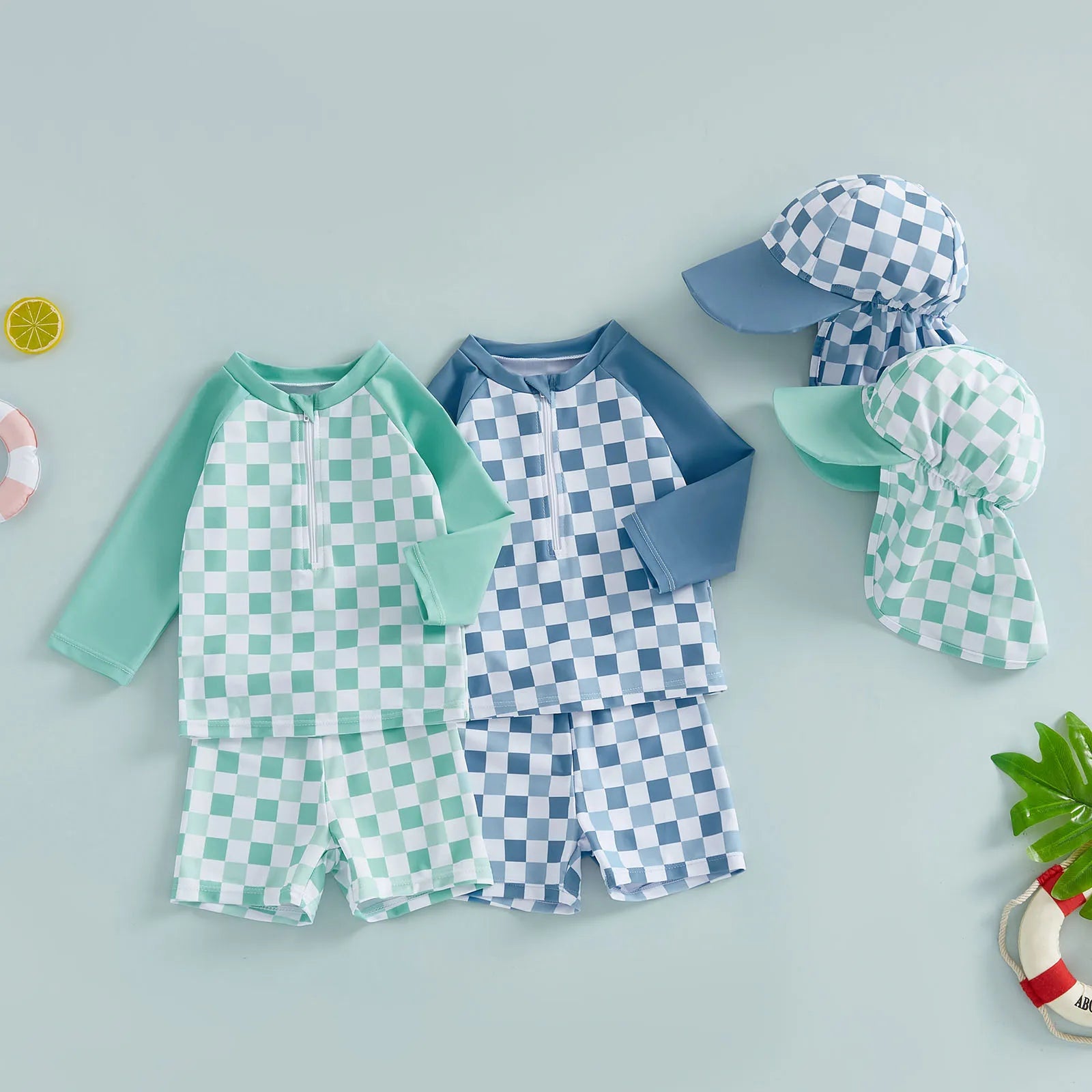 1-4T Toddler Boy Swimsuit Set Checkered Long Sleeve Rash Guard Swim Tops Swim Shorts and Sun Hat 3 Piece Outfit