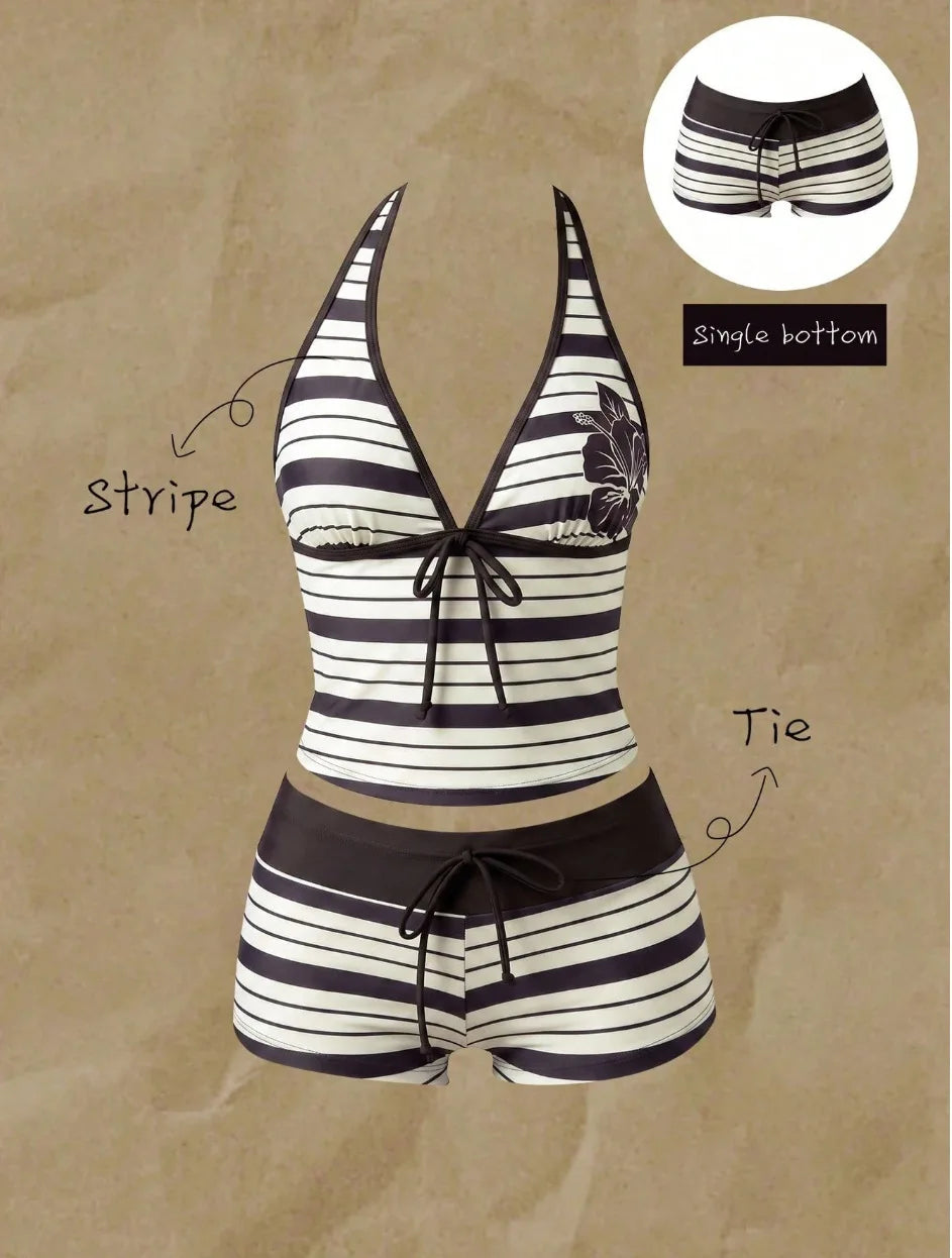 Women Swimwears Polka Dot 2-Piece Tankini Set Halter V Neck Front Tie Cami Top & Contrast Waistband Drawstring Swim Shorts