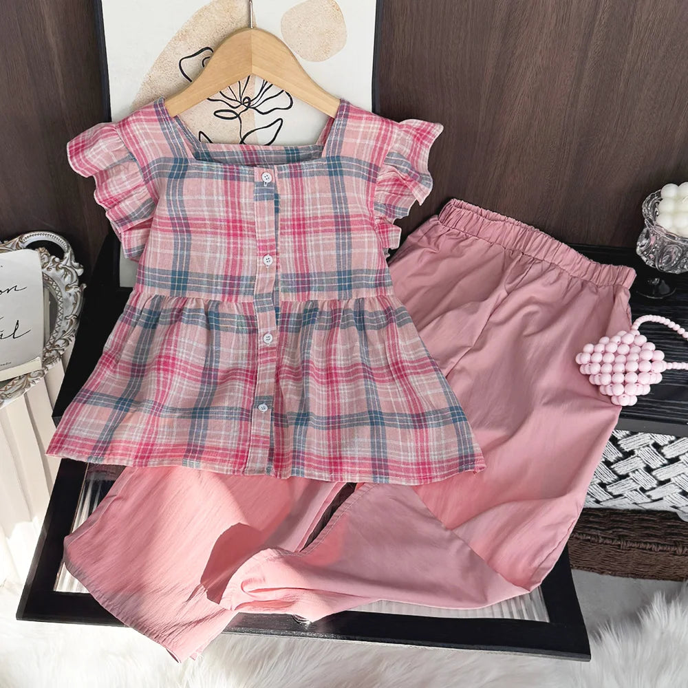 Summer Sweet and Casual 3-10-year-old Girls and Teenagers Pink Suit Square Collar Checkered Top+Wide Leg Pants Two Piece Set