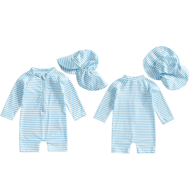 0-3T Toddler Boys Girls Rash Guard Swimsuit with Hat 2 Pcs Set Striped Pattern Zip Up Long Sleeve Crew Neck Baby Swimwears