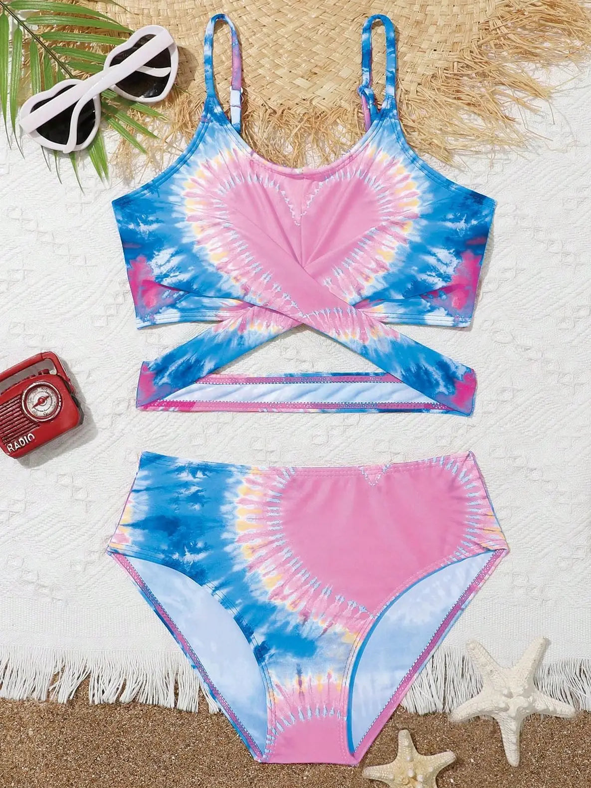 Girls Two Pieces Tie Dye Heart Print Bikini Kids Cross Wrap High Waist Swimsuit 7-12 Years Children's Bathing Suit Teens Pink