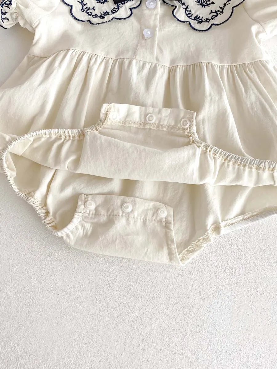 Baby Summer Embroidered Lapel Short Sleeve Triangle Jumpsuit Girl Baby Sweet Cute Jumpsuit with Bow for Summer Toddlers and Baby