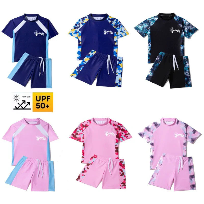 Boys Girls Split Swimsuit Children Surfing Quick Drying Swimming Sets Kids Short Sleeve Sleeve Shorts Swimwear 2 Piece Set