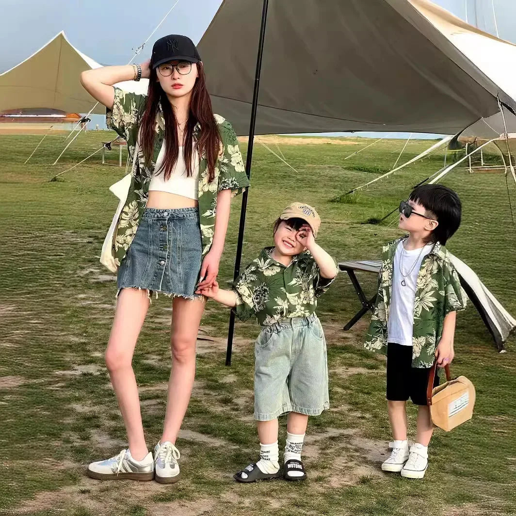 Holiday Family Matching Beach Clothes Couple Vacation Look Mom  Dress Resort Dad Son Print Shirts Outfits Daughter Smock Green