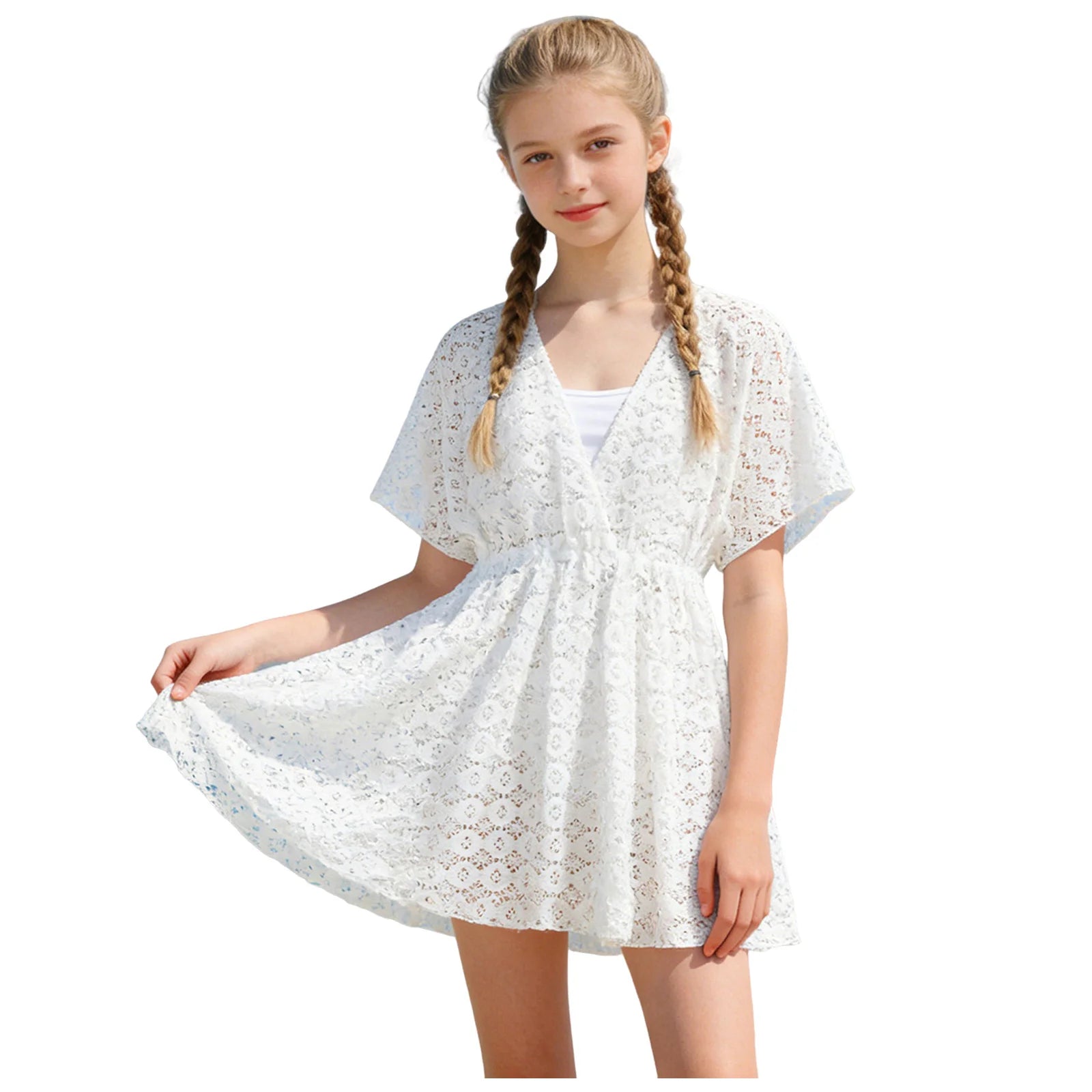 Kids Girls Beach Cover Up Lace Hollow Tunic Pareos Bikinis Cover Ups Children's Swim Dress Sarong Beachwear Sundress 8-16 Years