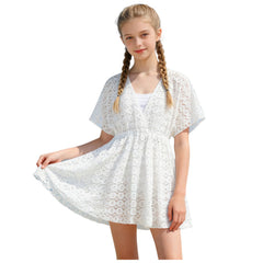Kids Girls Beach Cover Up Lace Hollow Tunic Pareos Bikinis Cover Ups Children's Swim Dress Sarong Beachwear Sundress 8-16 Years
