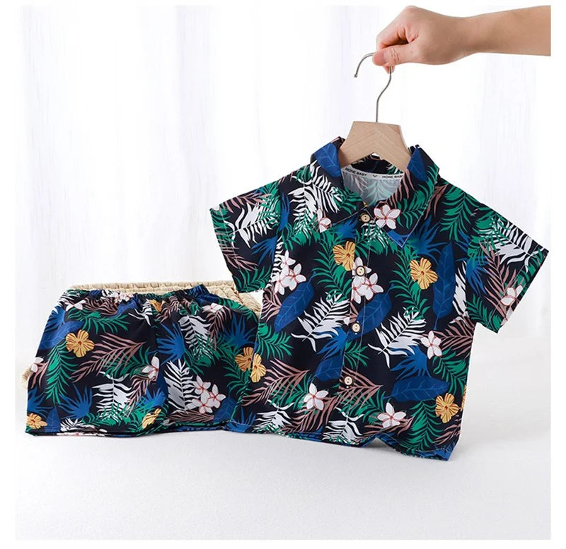 Summer Children Beach Shirt Set Boys Girls Baby Loose Printed Shirts Fashion Vacation Style Kid Short Sleeve+short Pants Outfits