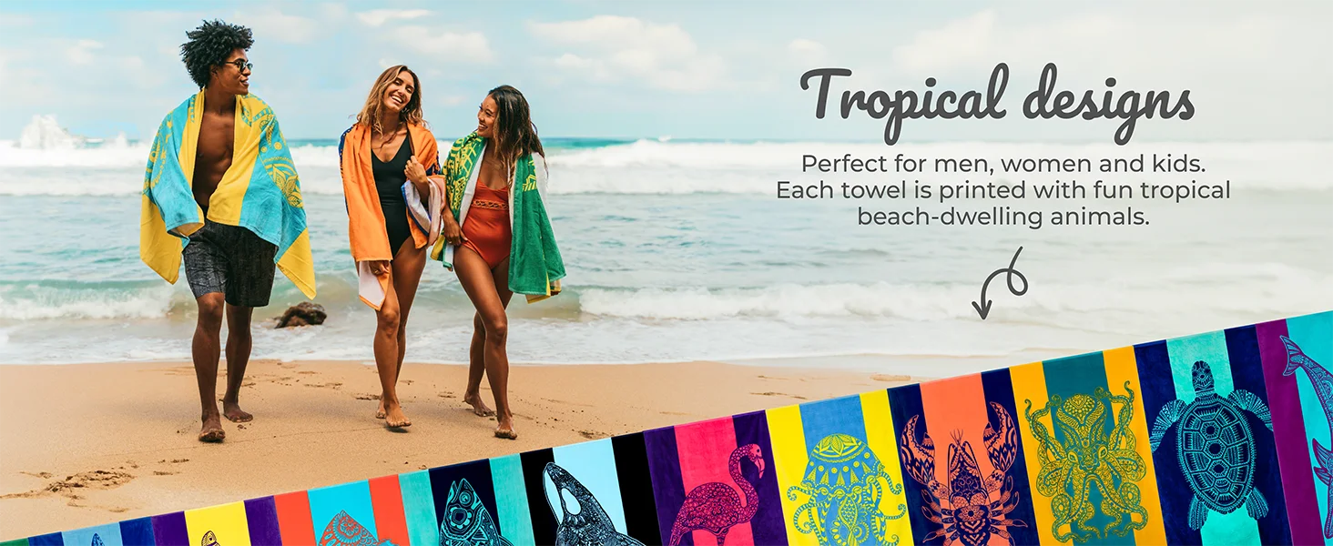 Beach Towels Tropical Animals Blue Unique Design Multiple Sizes Cotton Bath Towels Suitable for Kids and Adults