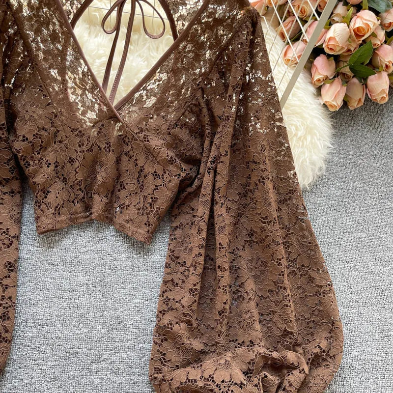 Frenchic Sexy Blusas Mujer Crochet Lace Sheer Women Tops V-neck Lantern Sleeve Backless Lace-up Ladies Elegant Blouse