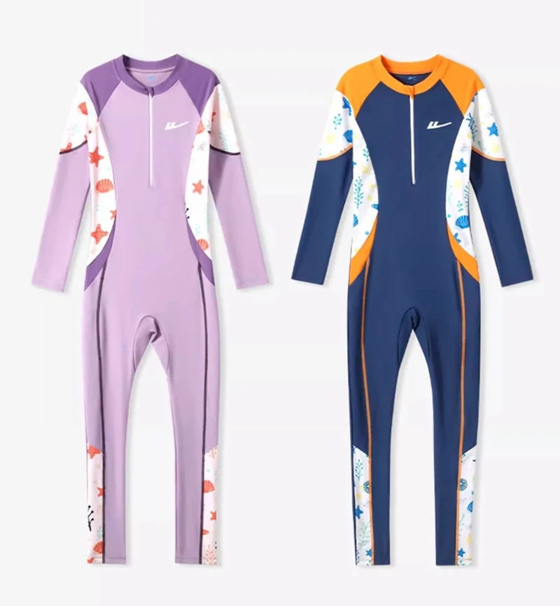 Girls And Boys Swimwear One Piece Long Sleeve Swimsuit Kids UV Protection Front Zipper Children Swimming Suit Summer Beachwear