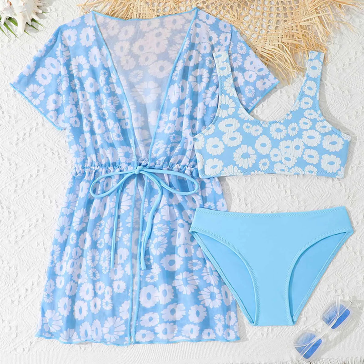 Girls 3 Pcs Swim Cover Up Sets Floral Bikini Crop Top With Brief Kimono Teens Bathing Suit Girls' Swimsuit Cover Up Wrap Scarf