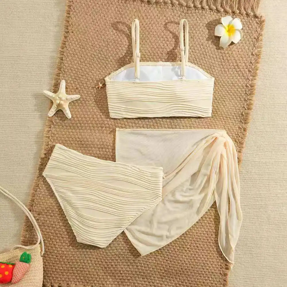 2026 Strappy Girls Swimsuit 3 Pieces Bikini & Skirt Bandeau Kids Swimwear Female Children's Bathers Bathing Swimming Swim Suit