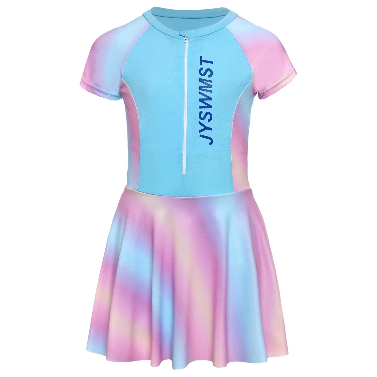 Fashion Girls One Piece Swim Dress Short Sleeve Color Block Swimsuit with Chest Pads Front Zipper And Safety Shorts Beachwear