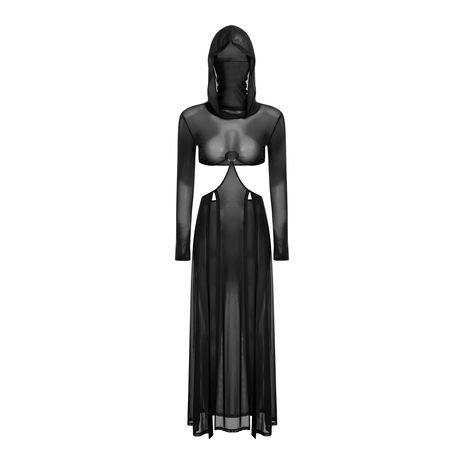 Women Sheer Dress with Hooded Face Mask Maxi High Slit Sexy Mesh Dress Long Sleeves Hollow Out Sheer Dress Cover Up Swimwear