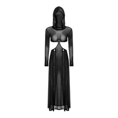 Women Sheer Dress with Hooded Face Mask Maxi High Slit Sexy Mesh Dress Long Sleeves Hollow Out Sheer Dress Cover Up Swimwear