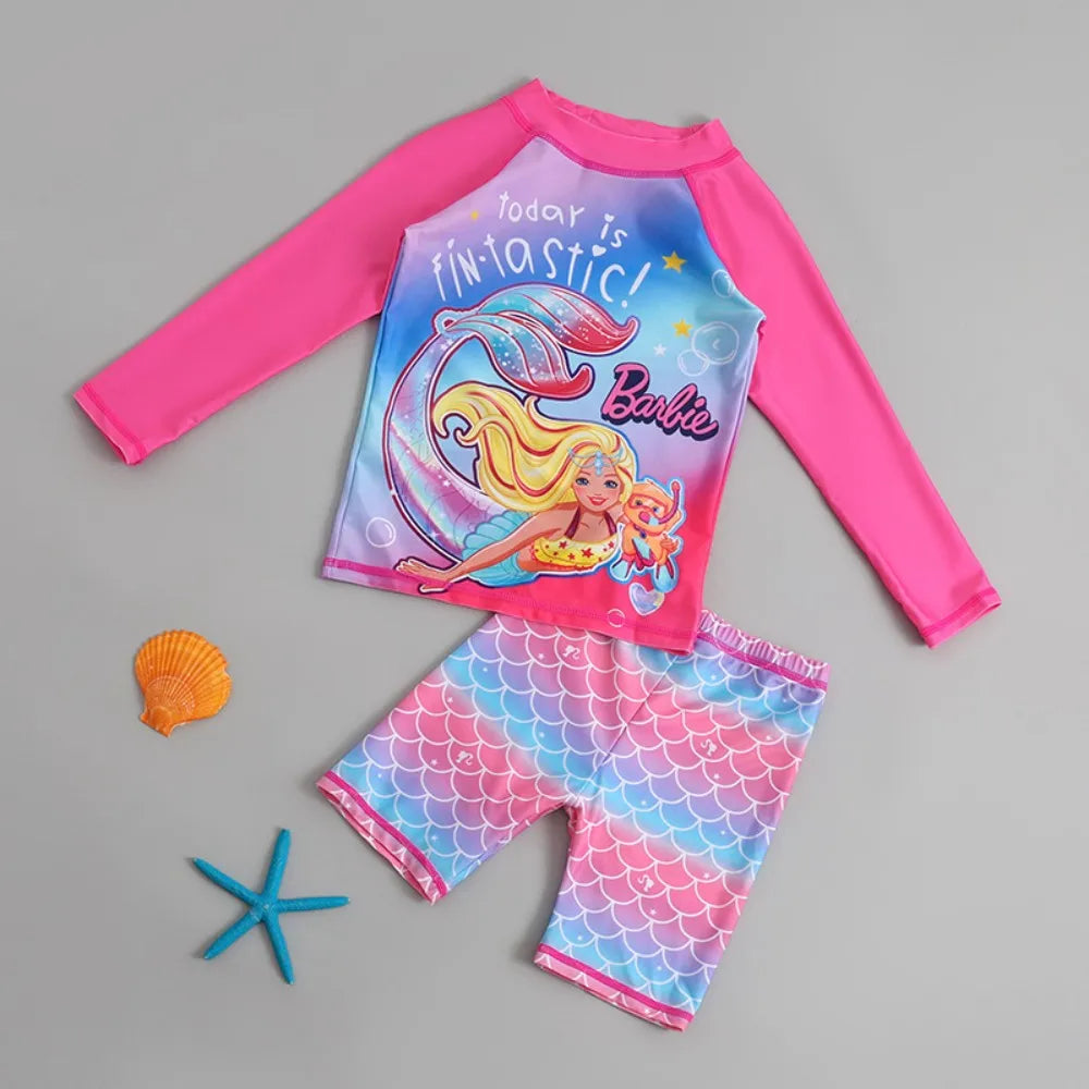 2Pcs Kids Long Sleeve Swimwear Set Boys Girls Cartoon Rash Guard Swimsuit Sun Protection Beachwear for Children Toddlers