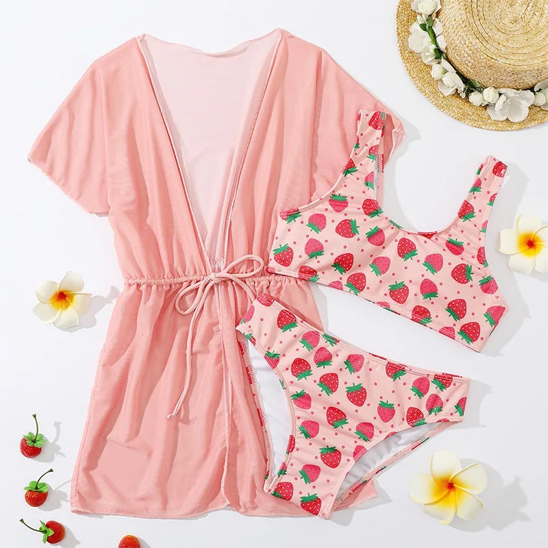 Girls Swimsuit 3 Pieces Swimwear for Kids Summer 2026 Children Bathsuits Beach Cover-Ups Bikini Sets Teenager Clothing