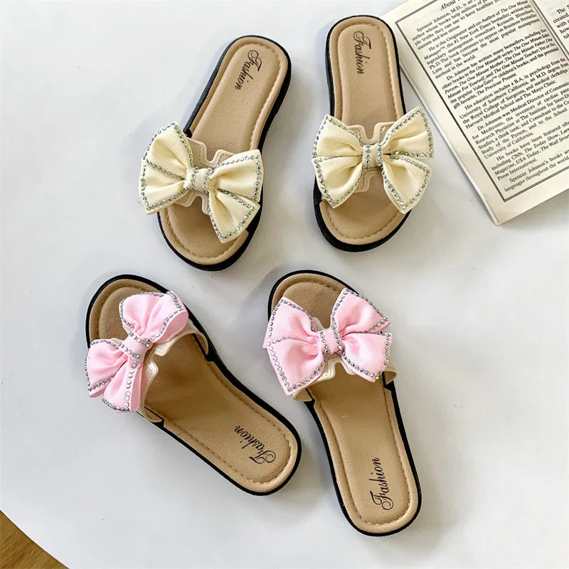 2026 New Bow Flats Open Toe Slide Sandals Non-slip Flip Flops Children Home Slippers Kids Girls Summer Cute Beach Slippers Shoe