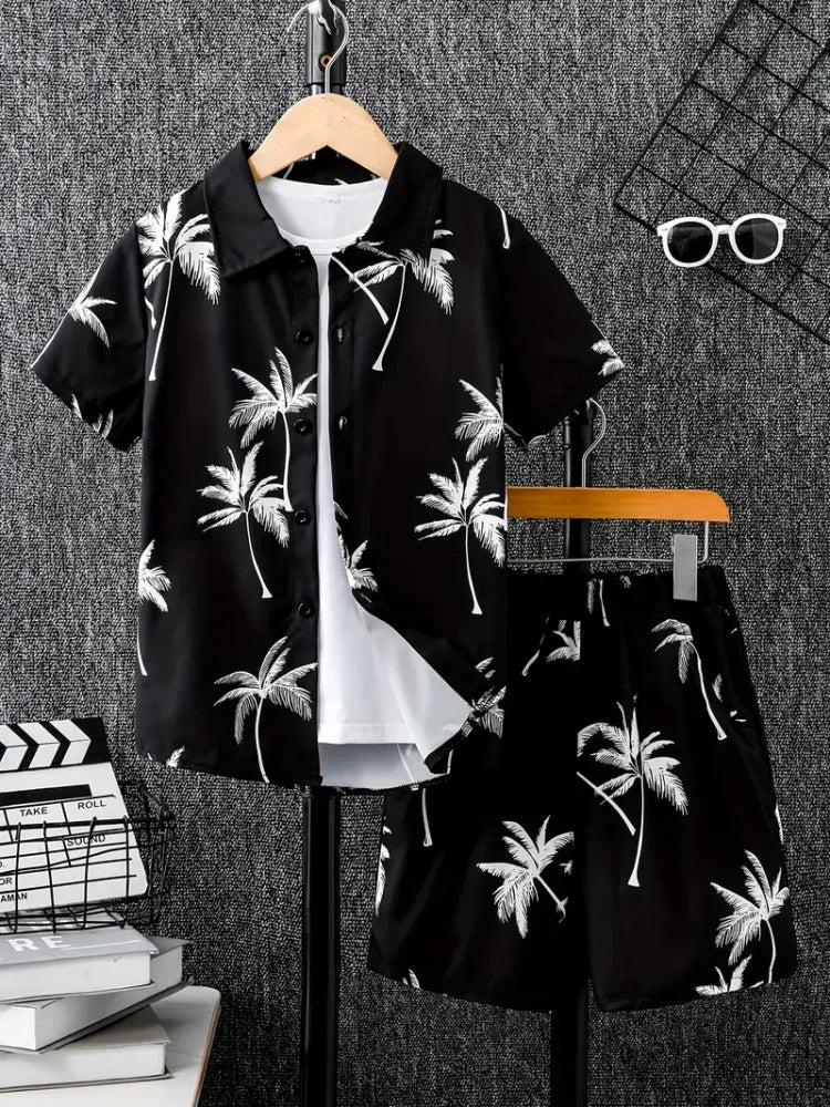 Men's Short-sleeved Shirt Set Blue Ocean Palm Tree Print Hawaiian Seaside Vacation Style Shirt Set