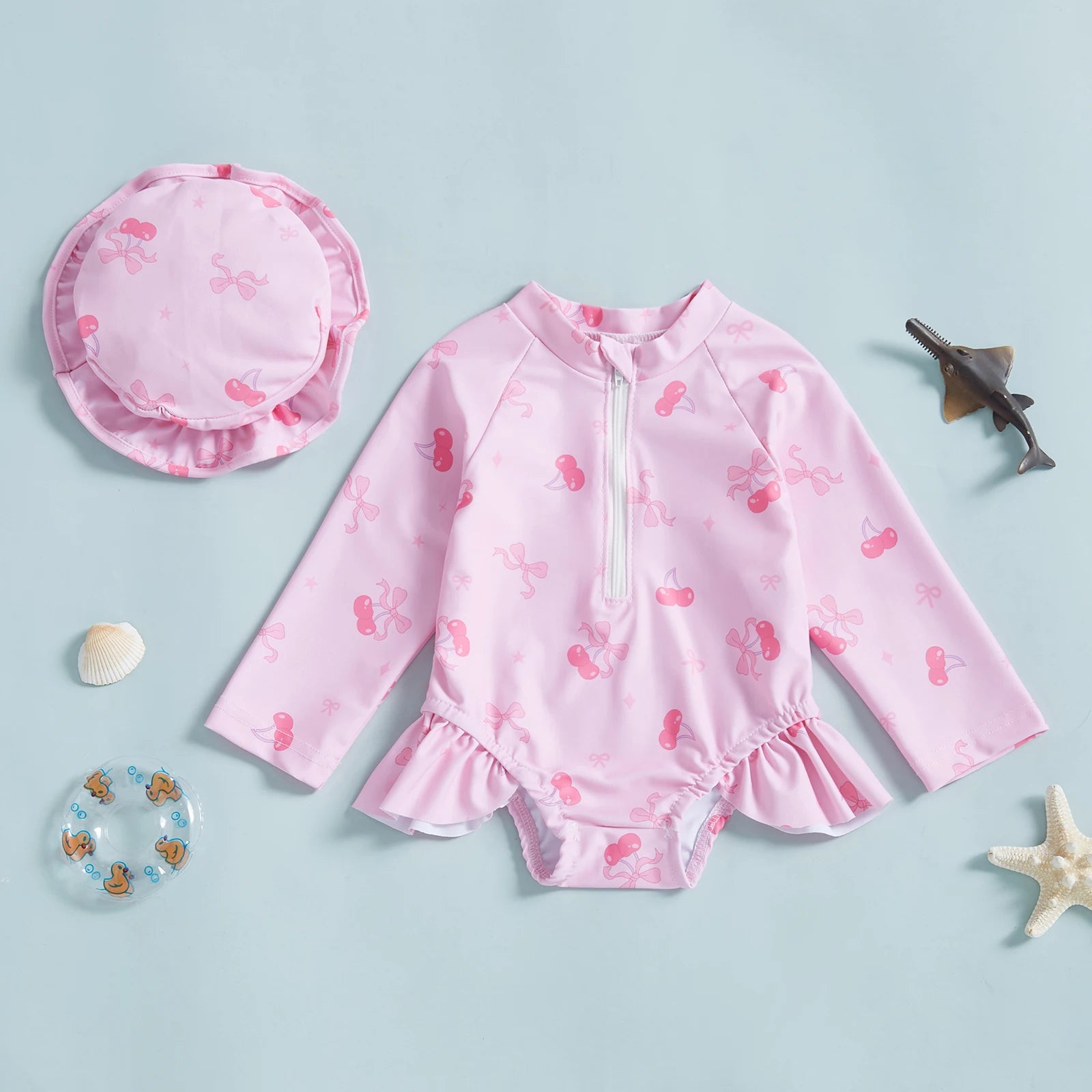 Summer Baby Girls Beacwear Princess Toddler Infant Rash Guard Swimsuits with Hat Floral Print Zip Up Children Girls Swimwears