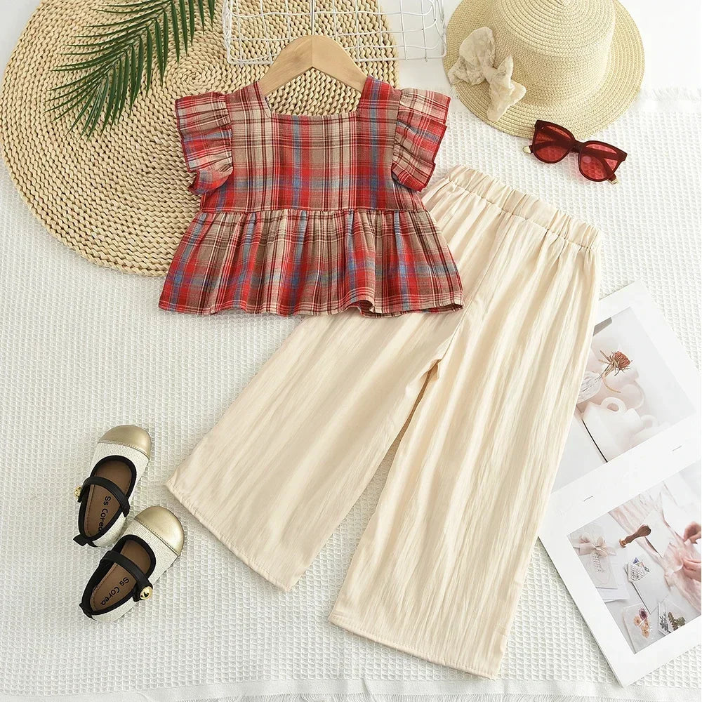 Summer Sweet and Casual 3-10-year-old Girls and Teenagers Pink Suit Square Collar Checkered Top+Wide Leg Pants Two Piece Set