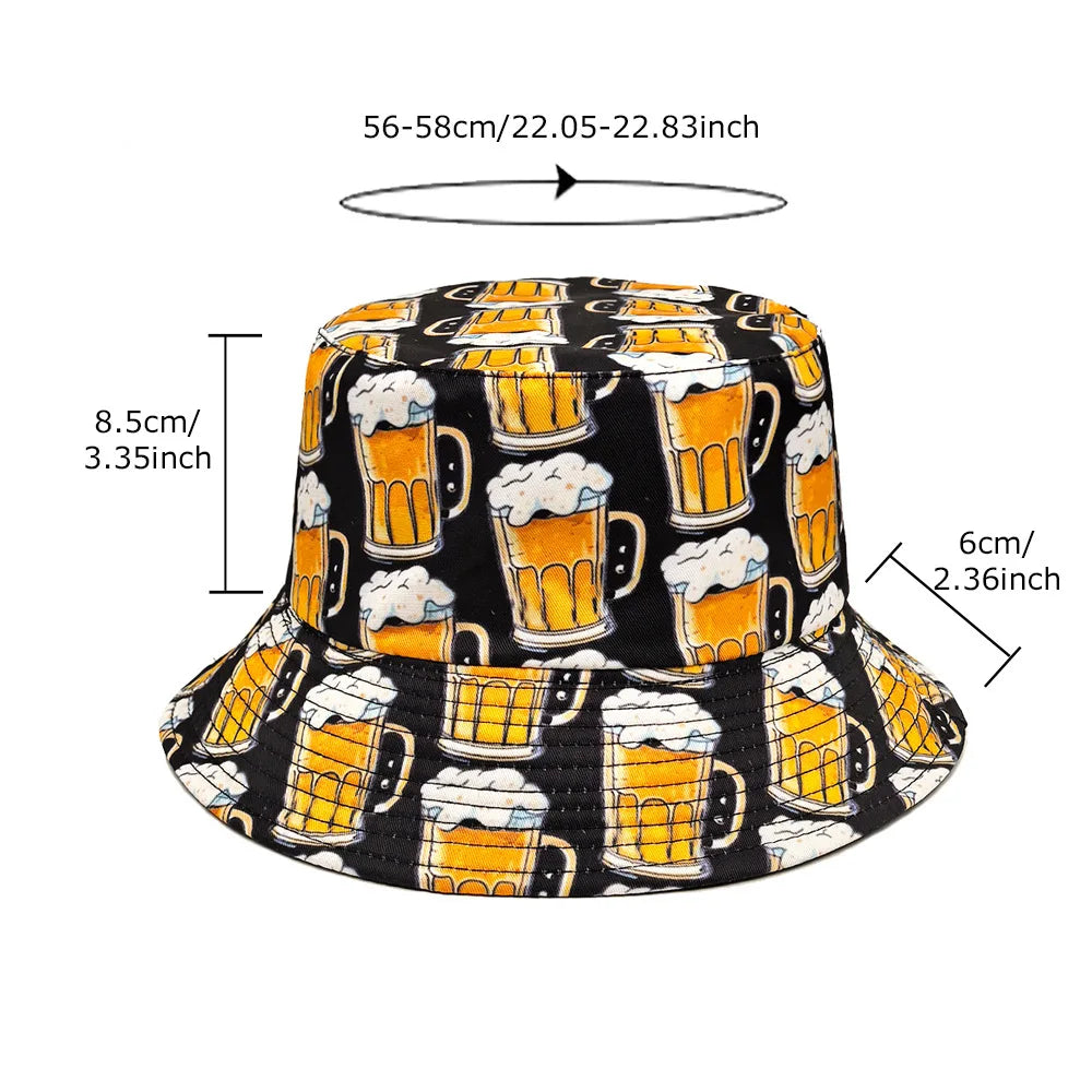 Cartoon Beer Bucket Hat Beer Printing Pattern Fisherman Hats Double Sides Polyester Panama Cap Unisex Outdoor Beach Travel New