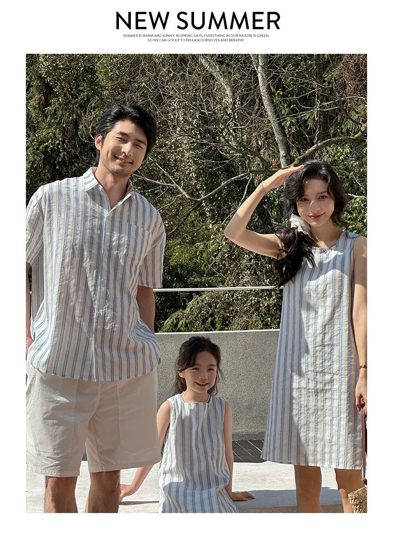 Korea Style Family Matching Outfit Striped Print Short Sleeve T-shirt+Shorts Tank Dress Parent-child Clothing Beach Holiday Look