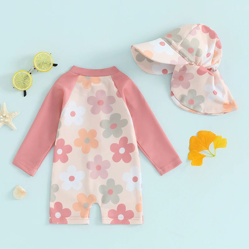 Tregren 0-3Y Toddler Girls Rash Guard Swimsuit with Swim Cap Long Sleeve Floral/Tropical Tree Print Zip Up Swimwear Bathing Suit