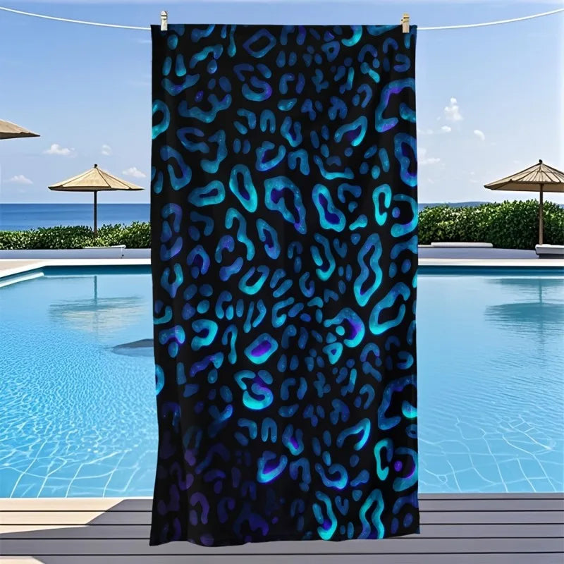 Tropical Hibiscus Dark Style Black Base Large Blue Hibiscus Palm Leaf Exotic Floral Print Quick Dry Beach Towel