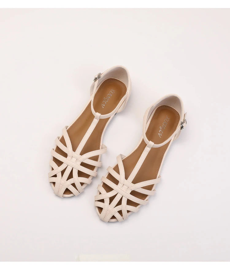 ZAROY Women's Sandals Summer Casual Footwear T-tied Cross Strap Flat Sandals Weave Hollow Roman Sandalia Zapatos сандали