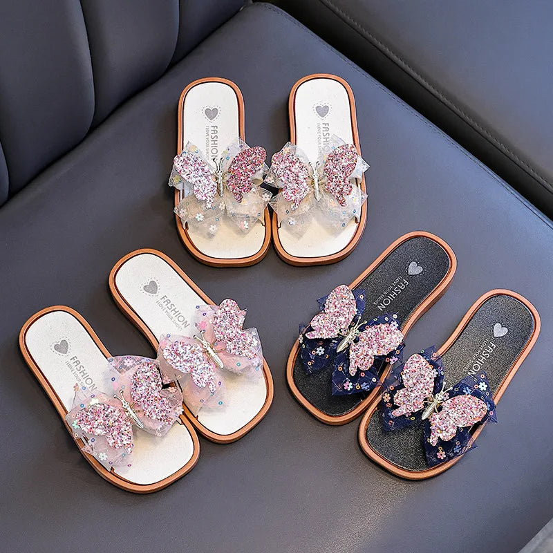 2026 Children's Summer Butterfly Knot Beach Sandals Plastic Slip-On Home Slippers Anti-Slip Beachwear Girls Flip Flops